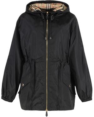 Burberry Hooded Windbreaker Jacket Polyester Trench & Raincoats - Black