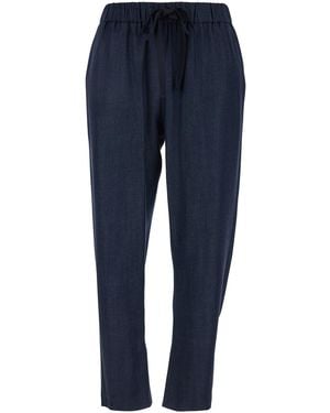 Plain Pants With Elastic Drawstring Waist - Blue