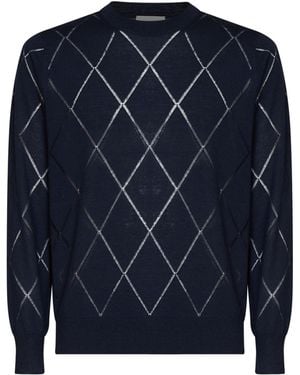 Dries Van Noten Diamond-Pattern Wool Knit Murton Sweater - Blue