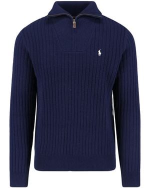 Polo Ralph Lauren Classic Ribbed Knit Sweater With Half-Zip Collar - Blue