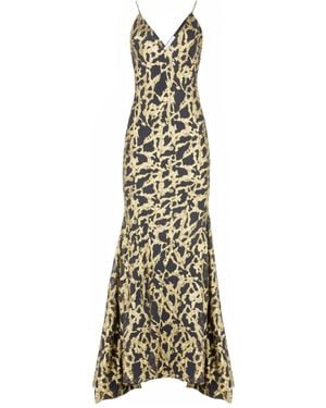 Nina Ricci Long Silk Dress With Marble Pattern And V-Neck - Metallic