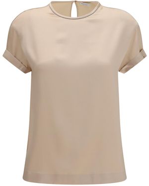 Brunello Cucinelli Silk Blouse With Monili Chain T-Shirts & Jerseys - Natural