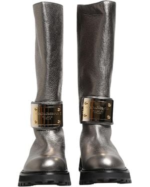 Dolce & Gabbana Metallic Leather Mid Calf Boots Shoes Cervo Laminato - Black