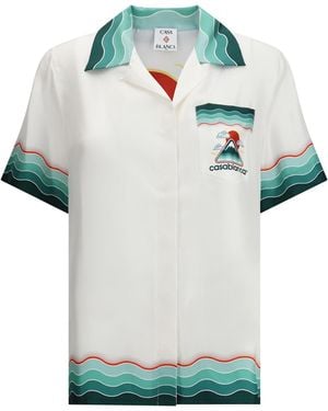 CASABLANCA Silk Cuban Collar Short Sleeve Shirt - Blue