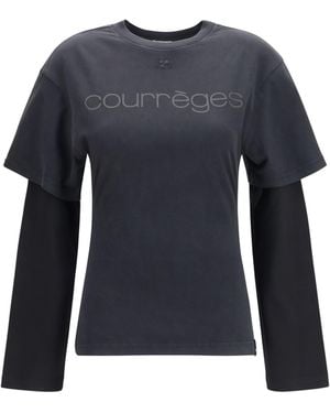 Courreges Logo Print Double Sleeves T-Shirt Cotton T-Shirts - Blue