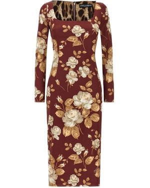 Dolce & Gabbana Vintage Rose Print Satin Midi Pencil Dress - White