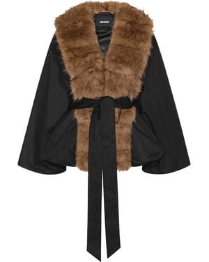 ROTATE BIRGER CHRISTENSEN Contrast Textured Jacket With Bold Synthetic Fur Collar - Black