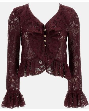 Self-Portrait Burgundy Lace Ruffle Crop Top - Red