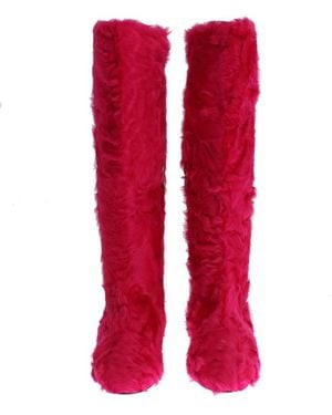 Dolce & Gabbana Lamb Fur Leather Flat Boots - Red