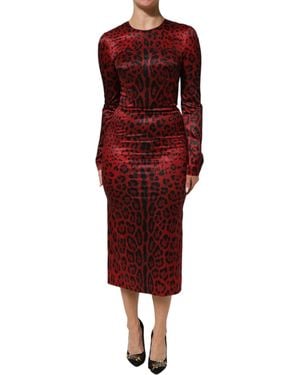 Dolce & Gabbana Leopard Sheath Long Sleeves Dress 05+Pl - Red