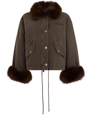 Pinko Cropped Cotton Jacket With Faux Fur Denim - Brown