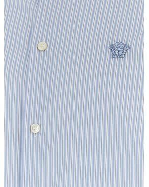 Versace Striped Cotton Shirt With Logo - Blue