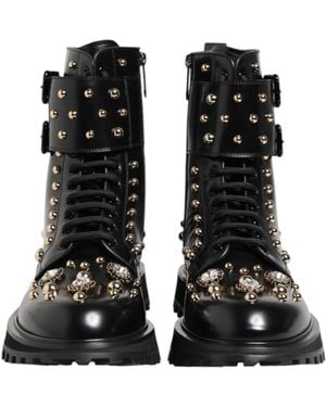 Dolce & Gabbana Studded Lace Up Mid Calf Boots Shoes Calfskin Leather - Black