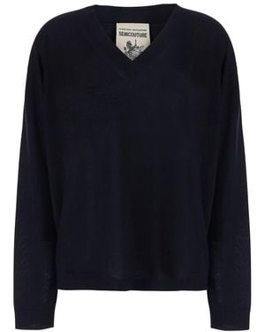Semicouture V-Neck Jumper Jade Virgin Wool Tops - Blue