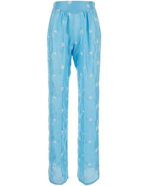 forte_forte Petites Fleurs Embroidery Silk Flared Trousers - Blue