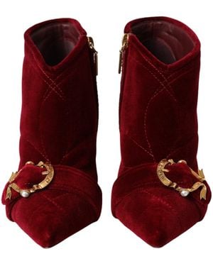 Dolce & Gabbana Dark Velvet Devotion Buckle Boots Shoes - Red