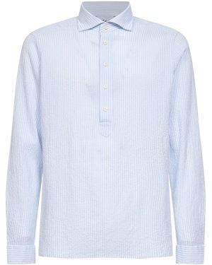 D 40 Light And Striped Seersucker Shirt-Style Polo Shirt - White
