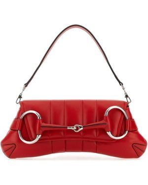 Gucci Leather Medium Horsebit Chain Clutch - Red