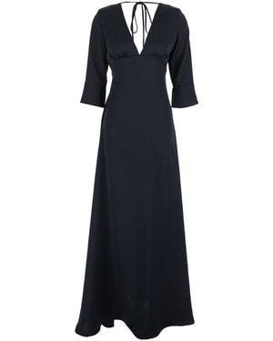 Le Plain Maxi Dress With Front And Rear V Neck Bow On The - Blue