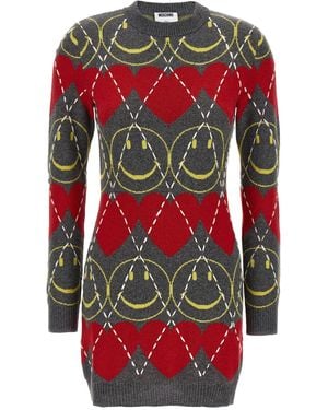 Moschino Smiley Heart Intarsia Wool Dress - Red