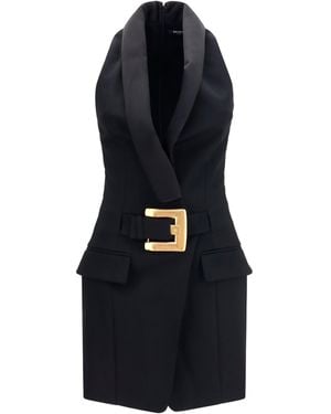 Balmain Grain De Poudre Belted Dress Merino Wool Ovis Aries - Black