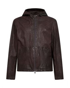 Salvatore Santoro Coffee Crinkled Leather Hooded Jacket - Brown