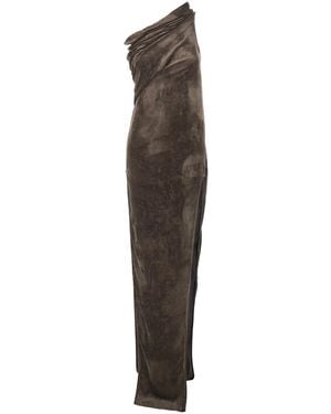 Rick Owens 'Athena Arrowhead' Asymmetric Long Dress With Ruched Neckline And Side Single Slit - Brown