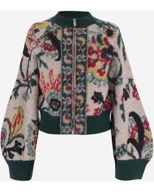 Sacai Wool Sweater With Zipper, Floral Print - Black