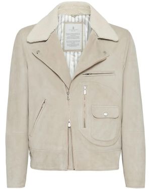 Brunello Cucinelli Leather Shearling Jacket - Natural