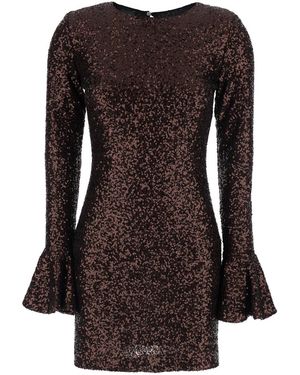 Le Plain Dress With Round Neck And All-Over Applied Sequins - Brown
