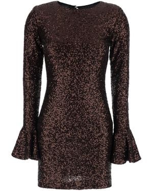 Plain Dress With Round Neck And All-Over Applied Sequins Fabric For - Brown