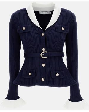 Self-Portrait Ribbed Belted Cardigan - Blue