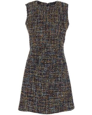 Plain Dress With Concealed Back Closure And Patterned Motif - Gray