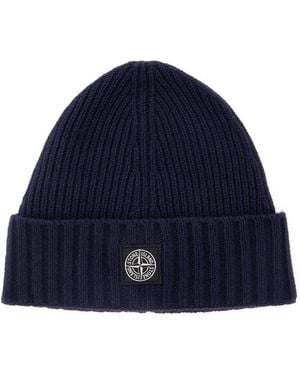 Stone Island Beanie With Logo Patch Virgin Wool Hat - Blue