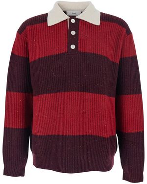 DUNST Polo Shirt With Ribbed Design And Striped Motif - Red