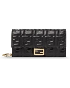 Fendi Leather Continental With Chain Baguette Ff Motif Crossbody Bag - Black