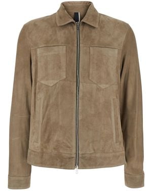Low Brand Suede Bomber With Front Closure And Leather Pockets For Outerwear - Brown