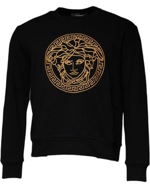 Versace Medusa Embroidery Crew Neck Pullover Sweater Cotton Clothing - Black