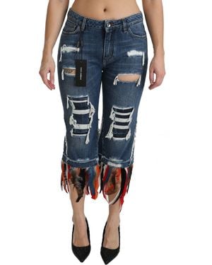 Dolce & Gabbana Dolce Gabbana Blue Feathers Low Waist Cropped Cotton Jeans