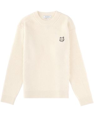 Maison Kitsuné Ribbed Knit With Fox Patch Merino Wool Jumpers - White