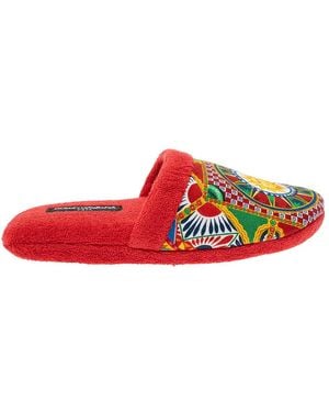 Dolce & Gabbana Slippers Sicilian Cart Print Cotton - Red