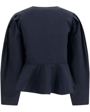 Ganni Cotton Poplin Blouse With Bows - Blue