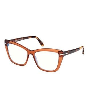 Tom Ford Eyeglasses Cat Eye Full Rim, Shiny Frame And Clear Light Block Lens Ft5826-B001 - Brown