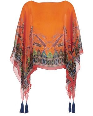 Etro Cape With Front And Rear Print And Tassel Details - Orange
