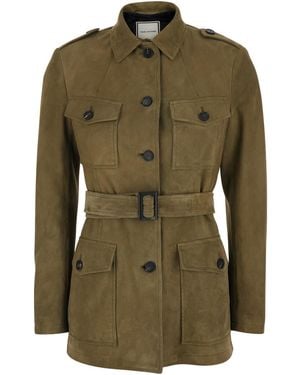 Tagliatore Single-Breasted Leather Jacket With Classic Collar And Belt On The Waist - Green