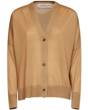 Blanca Vita Camel Lightweight Wool Knit Cardigan - Natural