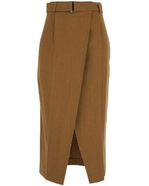 Tela Skirt With Belt And Front Vent - Brown