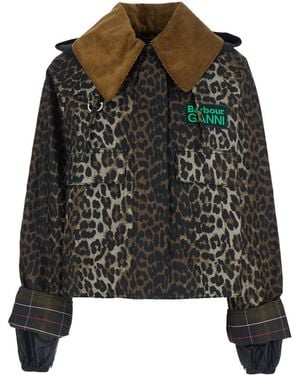 Barbour Oversized Jacket With Collar And All-Over Leopard Print - Black
