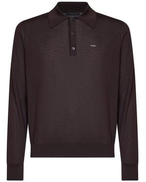 Prada Abbigliamento Dark Combed Wool Long-Sleeved Polo Shirt - Multicolour