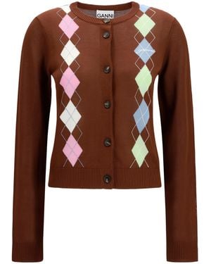 Ganni Diamond-Pattern Cardigan Cotton - Brown